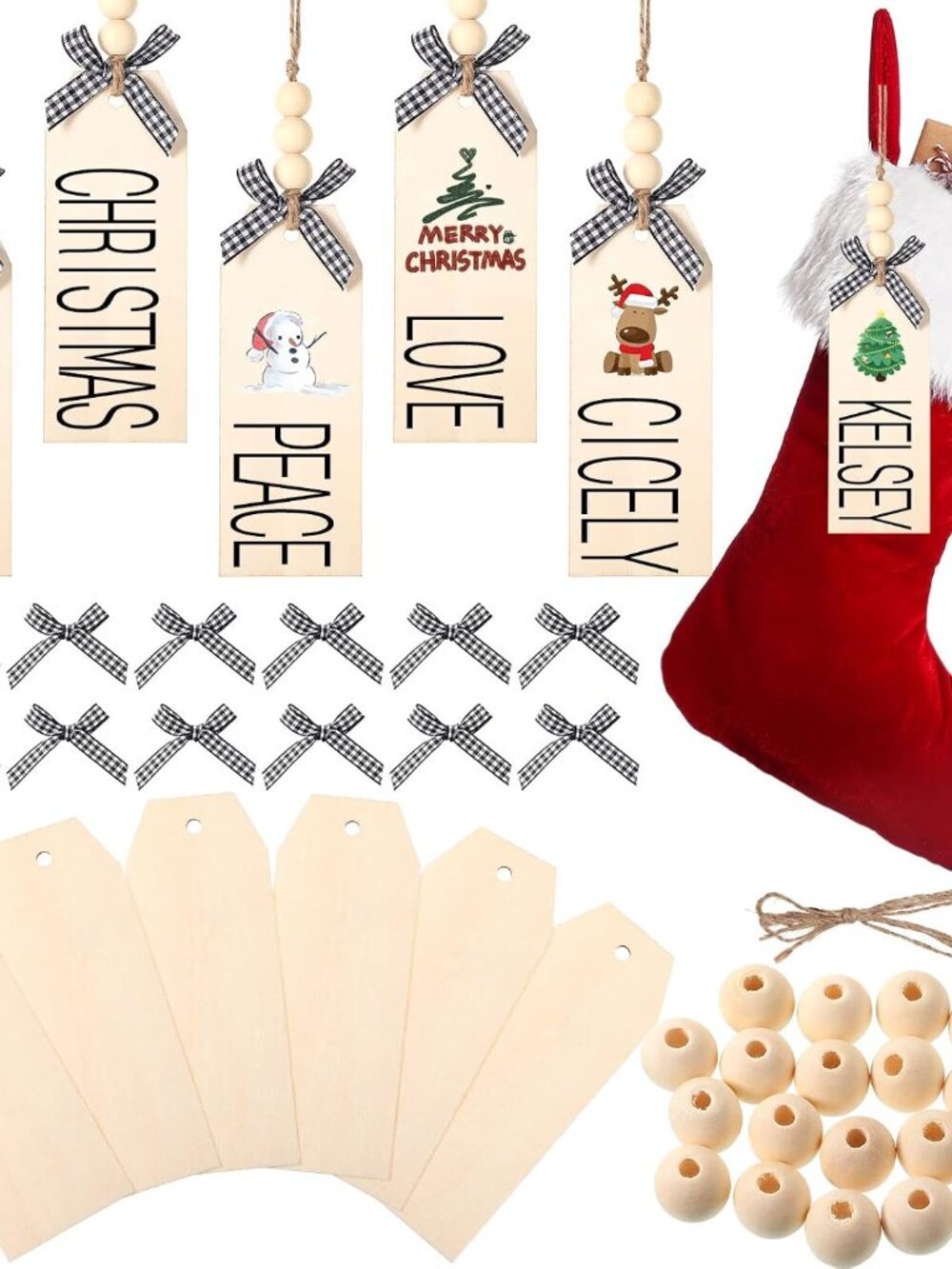 12 Pieces Christmas Wood Stocking Name Tags, Natural Color